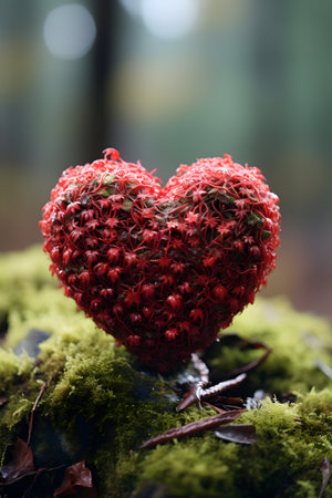 Heart made of red flowers on moss in the forest. Valentine's Dayの素材