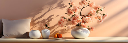 3d rendering of vase with cherry blossom flowers on shelfの素材