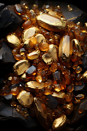close up of a heap of gold nuggets on a black backgroundの素材