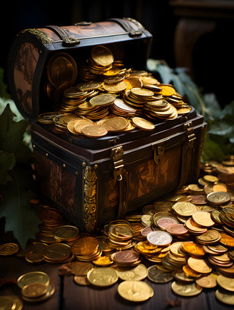 Chest full of gold coins and leaves on a wooden background with copy spaceの素材