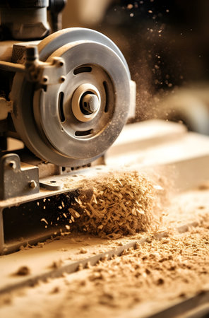 Carpenter working with a milling machine in his workshop.の素材