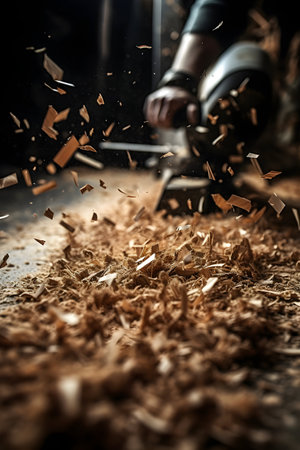 Carpenter working in his workshop using a chisel to cut wood.の素材