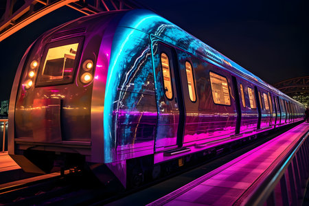 Modern train in motion at night in Moscow, Russia. Railway stationの素材
