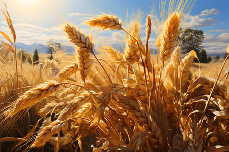 Ripe wheat ears close-up on a background of blue skyの素材