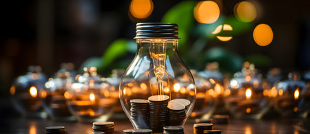 Coins in a glass light bulb on a dark background. Business conceptの素材