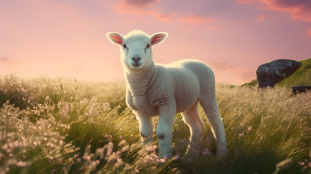 Cute lamb in the meadow at sunset. Vintage style.の素材