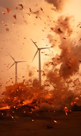 Wind turbines burning in the desert, climate change, global warming conceptの素材