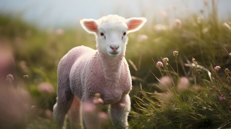 Cute lamb standing on a meadow with flowers in the backgroundの素材