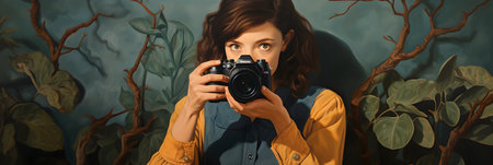 panoramic shot of young woman in trench coat taking picture with digital cameraの素材