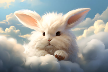 Cute white rabbit on the cloud with sky background. 3d renderingの素材