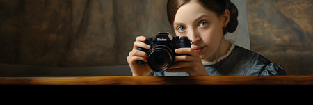 Portrait of a beautiful young woman with a camera in her hands.の素材