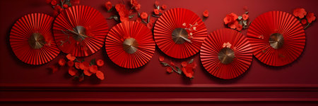 Chinese new year red paper fan and flower background. 3d renderの素材