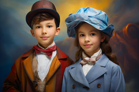 Portrait of a boy and girl in retro style. Children's fashion.の素材