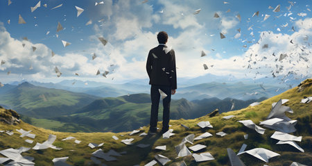 Businessman standing on top of a mountain with flying paper planes in the backgroundの素材