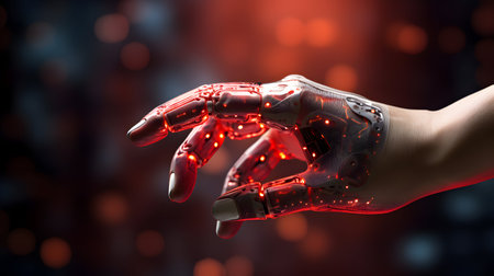 Close up of human hand on dark background holding glowing robot arm. 3D renderingの素材