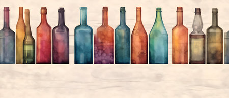 Illustration of a set of colorful wine bottles on a marble backgroundの素材