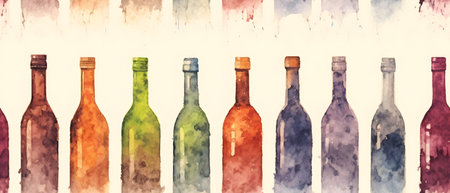 Watercolor wine bottles on grunge background. Hand drawn illustration.の素材