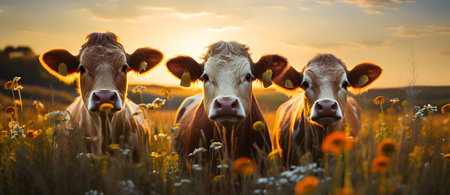 Herd of cows grazing in a field with yellow flowers at sunsetの素材