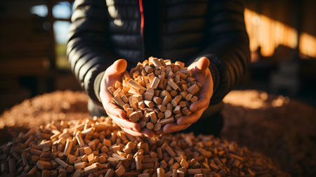 Closeup of woman's hands holding a pile of wood pellets.の素材