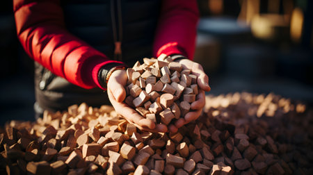 Close up of a woman's hands holding a pile of stones.の素材