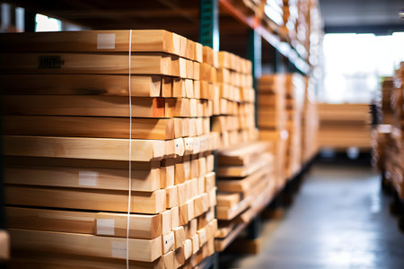 Wooden pallets in warehouse. Industrial background. Selective focusの素材