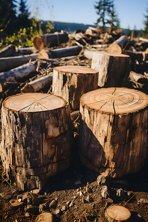 Pile of cut tree trunks in forest. Nature background.の素材