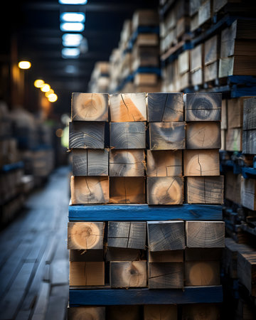 Stack of wooden logs in warehouse. Industrial background. Selective focusの素材