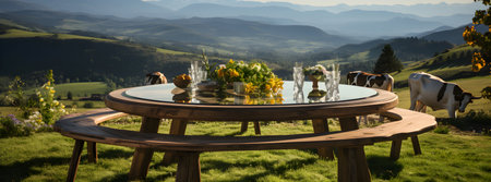 Wooden table with flowers and cows in the background of the mountainsの素材