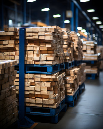 High angle view of stack of wooden boxes on pallets in warehouseの素材