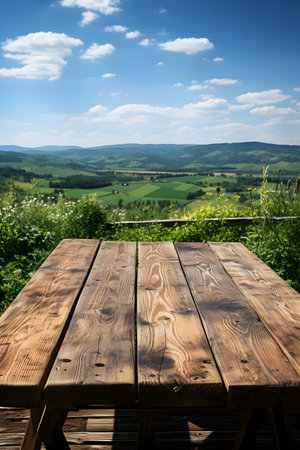 Wooden table in front of summer landscape. Tuscany, Italyの素材
