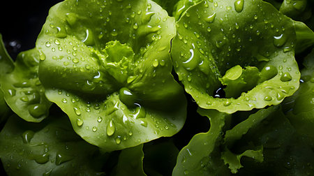 Green fresh lettuce with water drops on dark background. Close up.の素材