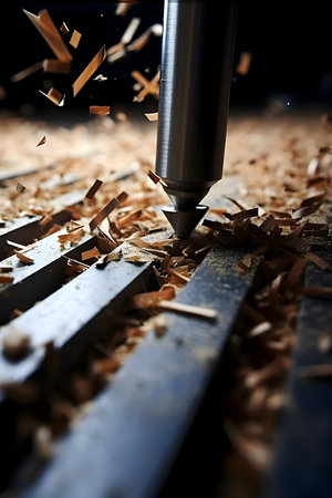 Close-up of a milling machine working on a piece of wood.の素材