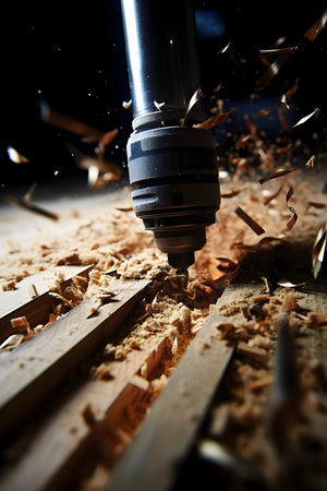 Carpenter drilling hole in wooden plank with milling machine.の素材
