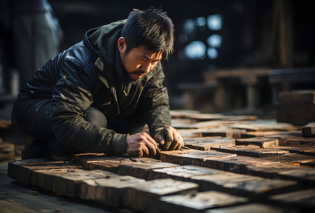 Portrait of a carpenter working at a woodworking factory.の素材