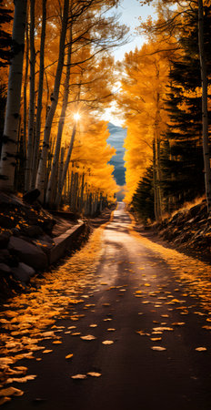 Winding road through the forest with golden aspens in autumnの素材