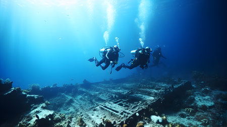 Scuba divers exploring an old shipwreck on a tropical coral reefの素材
