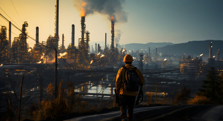 Worker in front of oil refinery at sunset. Oil and gas industryの素材