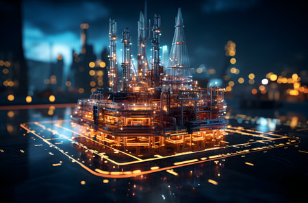 Futuristic industry concept. 3d rendering double exposure background.の素材