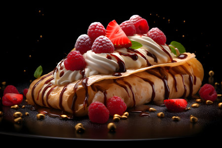 Pancakes with fresh berries and chocolate sauce on a black backgroundの素材