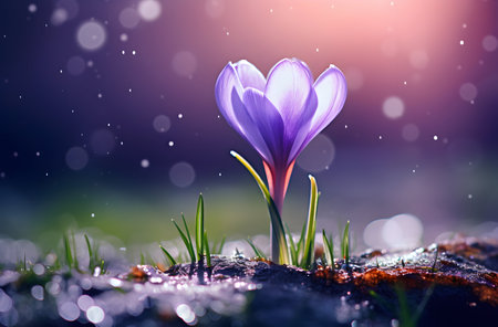 Beautiful crocus flowers in the meadow. Spring landscape.の素材