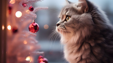 Beautiful cat with Christmas tree on background, close-up.の素材