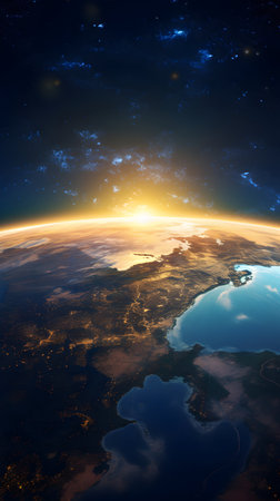 Earth from space showing realistic planet surface and visible city lights. 3D illustration.の素材