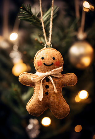 Christmas gingerbread man hanging on a Christmas tree with bokeh backgroundの素材