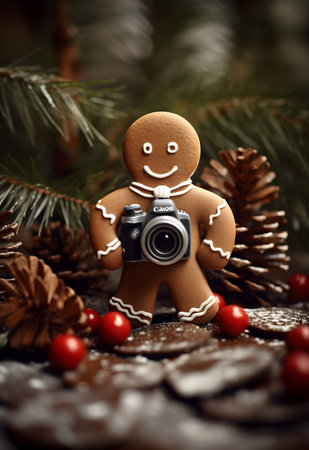 gingerbread man with camera and christmas decoration on wooden backgroundの素材