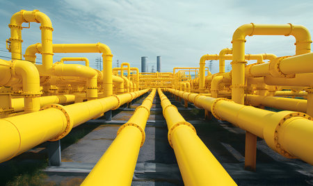 Oil refinery. Yellow pipes and valves on blue sky background. 3d renderingの素材