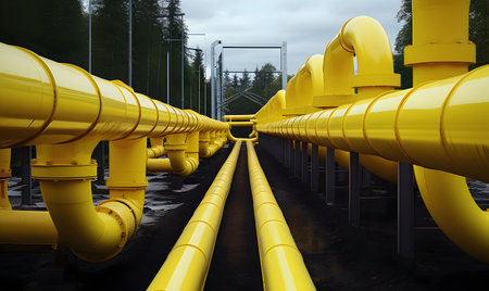 Yellow gas pipeline in oil refinery. Equipment for primary oil refining.の素材