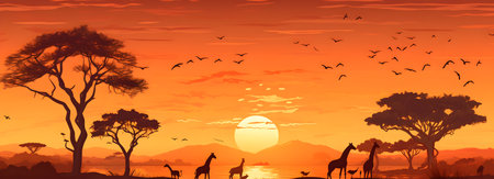 African savannah with giraffes and seagulls at sunsetの素材