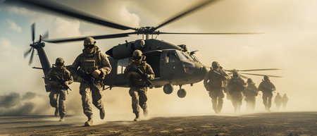 Helicopter in the desert with soldiers. 3D rendering.の素材