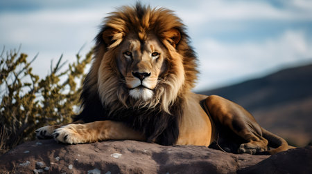 Lion lying on rock in savannah, Namibia, Africaの素材