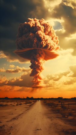 Big explosion in the desert. Dramatic sky. 3d renderingの素材
